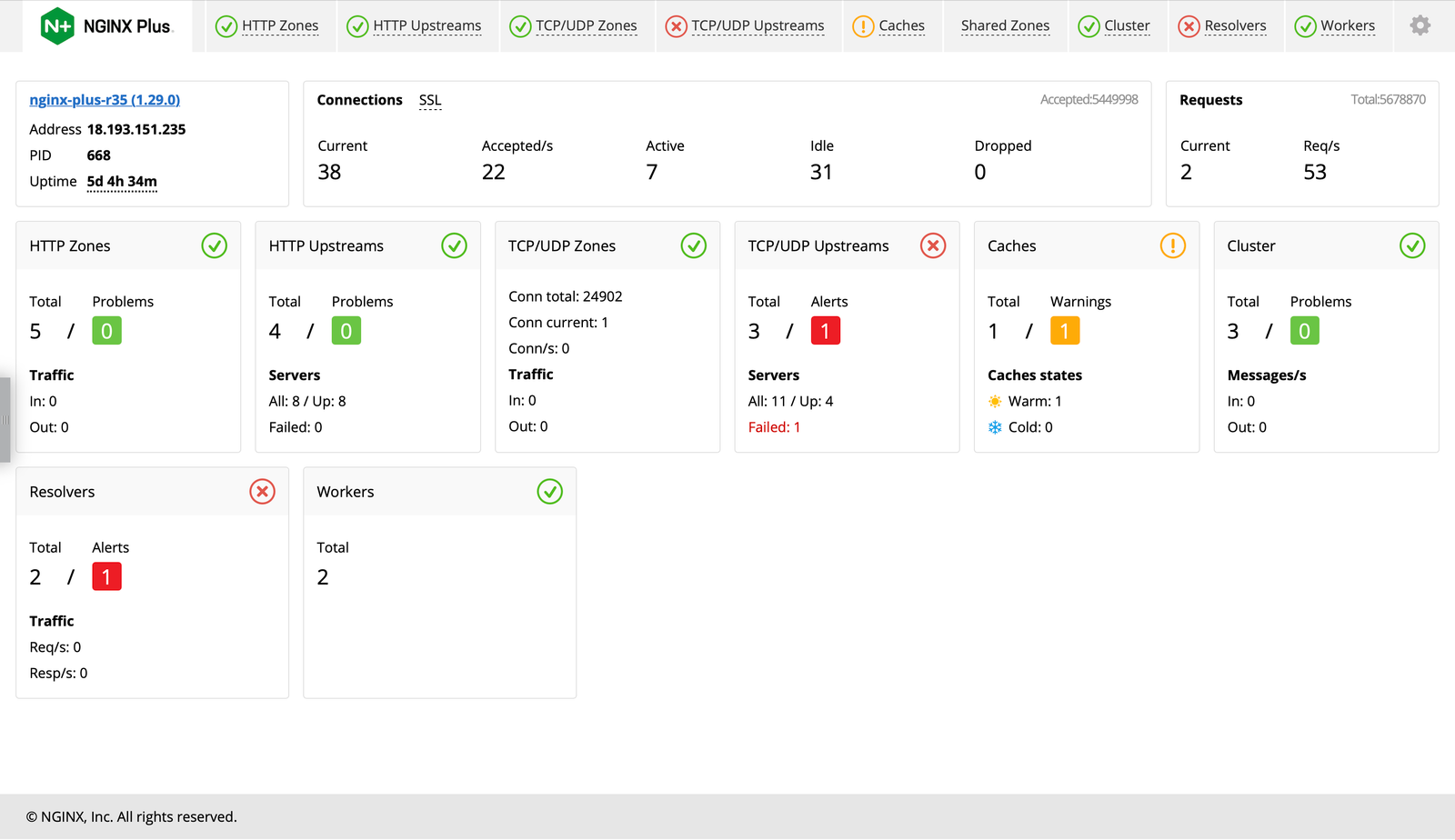 Existing NGINX Plus dashboard filled with dense operational data tables.