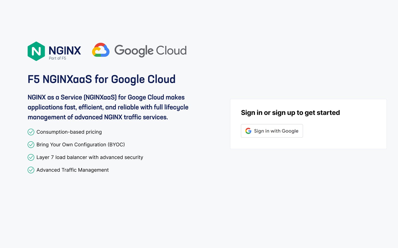Google Cloud sign-in flow for a new NGINXaaS user