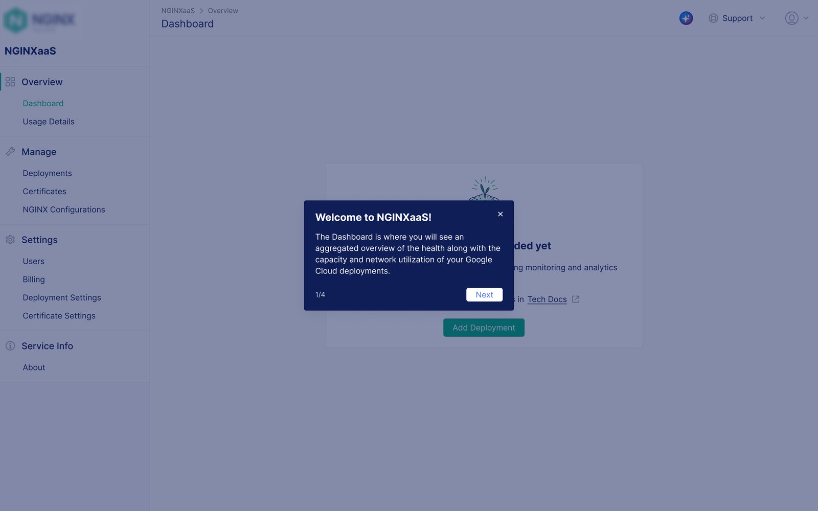 Welcome screen with a guided walkthrough for new users