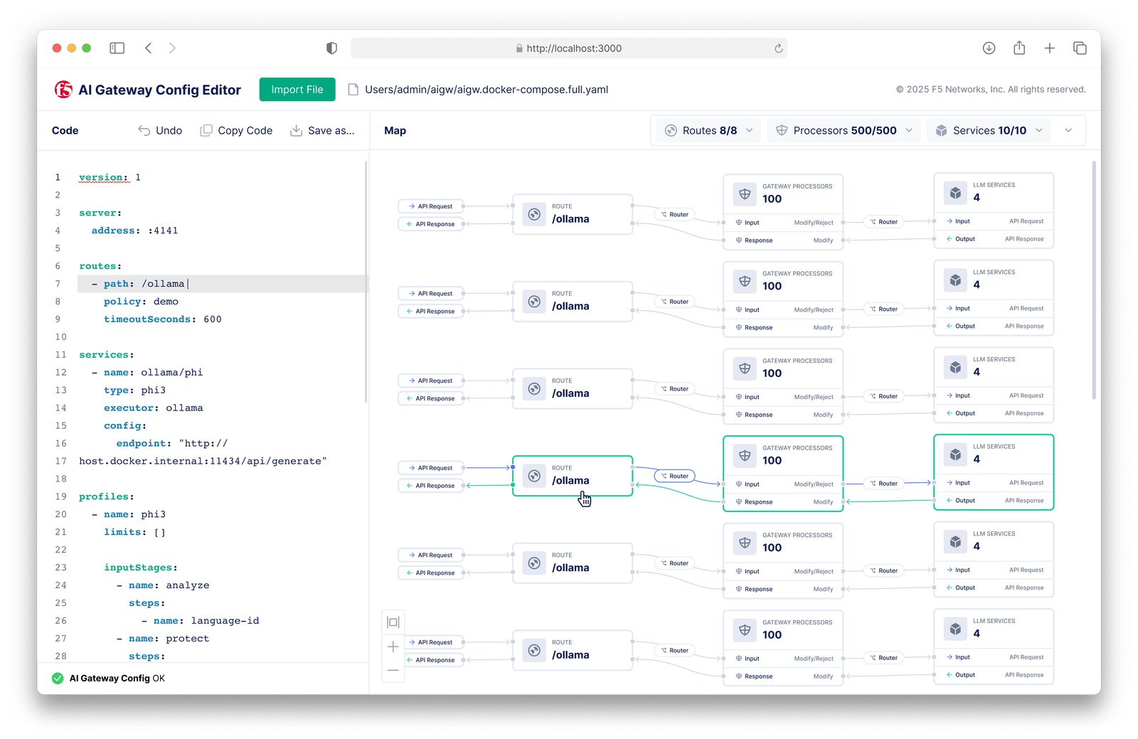 F5 AI Gateway interface with a highlighted configuration node in the map