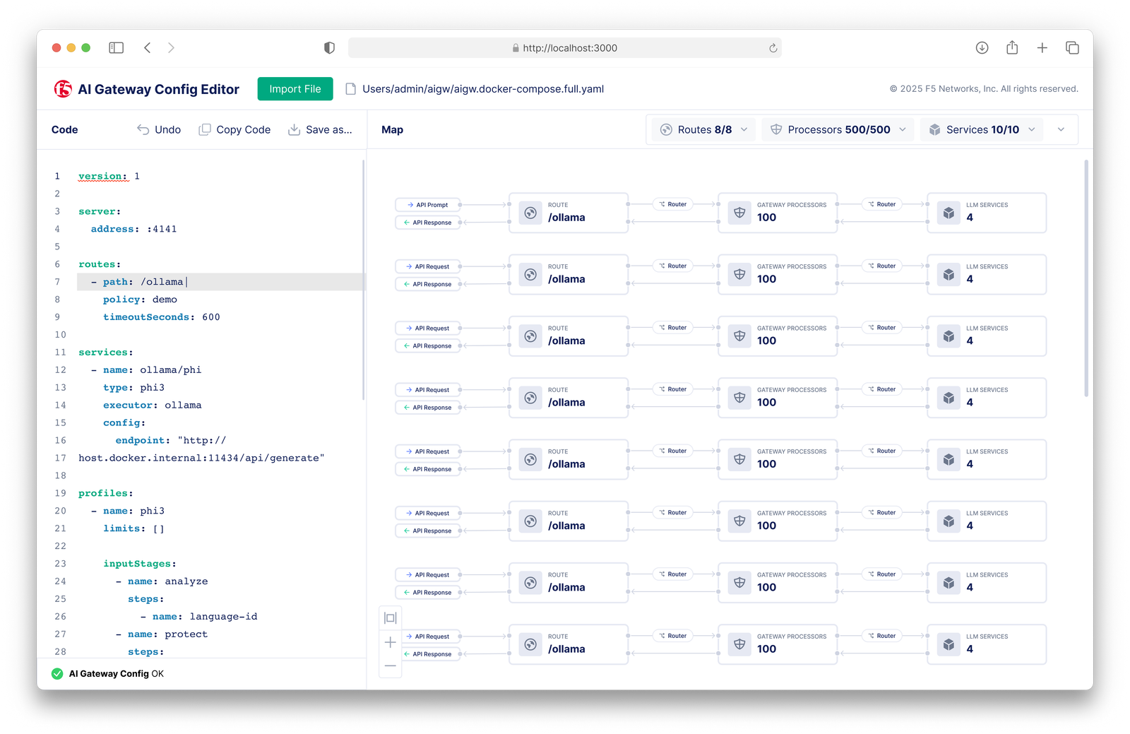 Scalable LLM workflow map for F5 AI Gateway shown in a desktop interface
