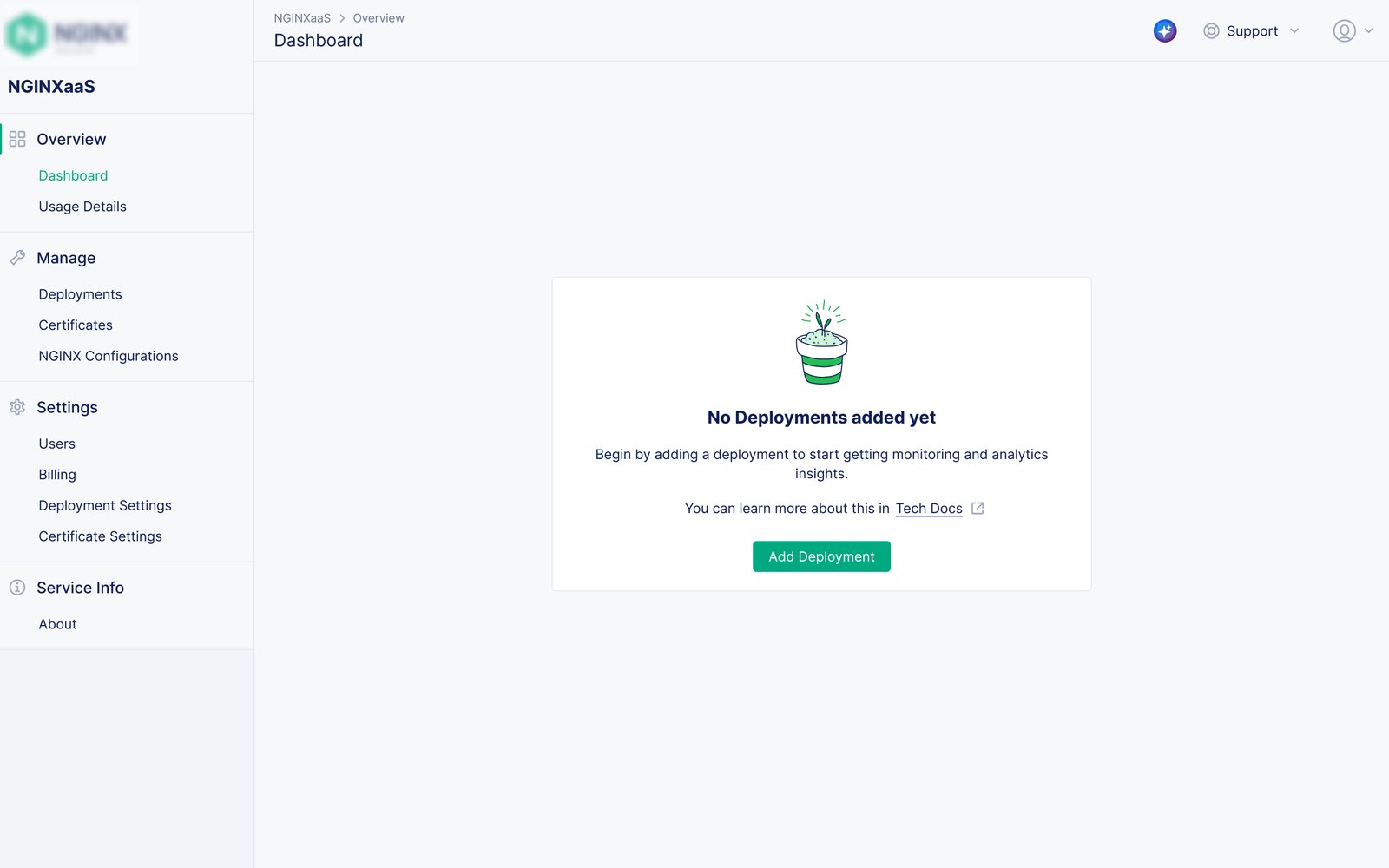 NGINXaaS for Google Cloud: Dashboard — Empty state of the dashboard.