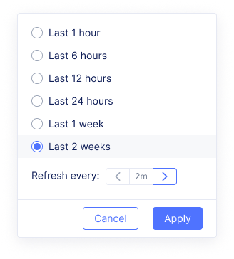 NGINX One Observability: Each metric view comes with a time range selector.
