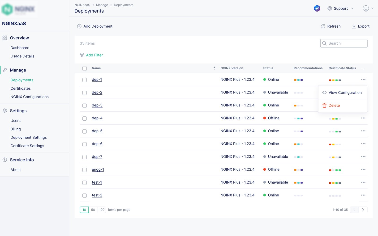 Table listing NGINX deployments on Google Cloud