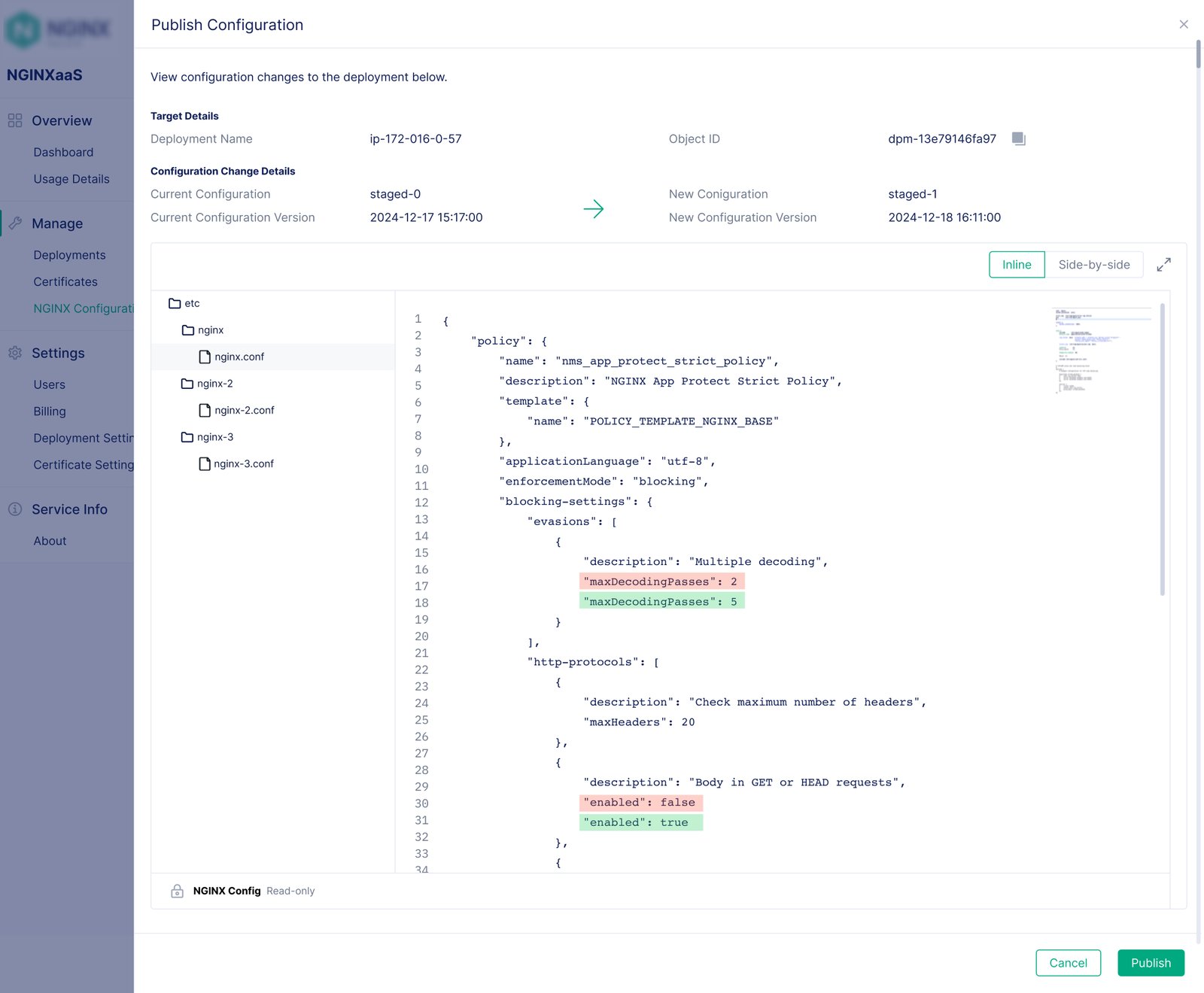 NGINXaaS for Google Cloud: NGINX Configuration — Configuration versions can be published to any existing deployment.