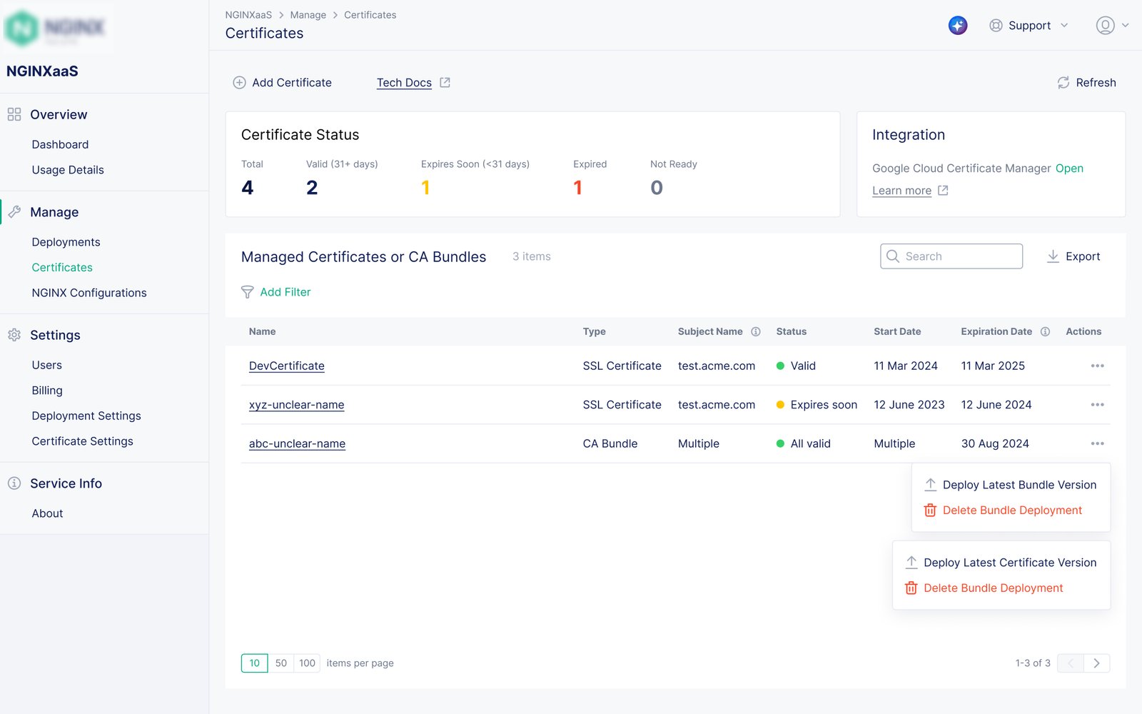 NGINXaaS for Google Cloud: NGINX Certificates — SSL Certificates and CA bundles can be deployed to specific deployments.