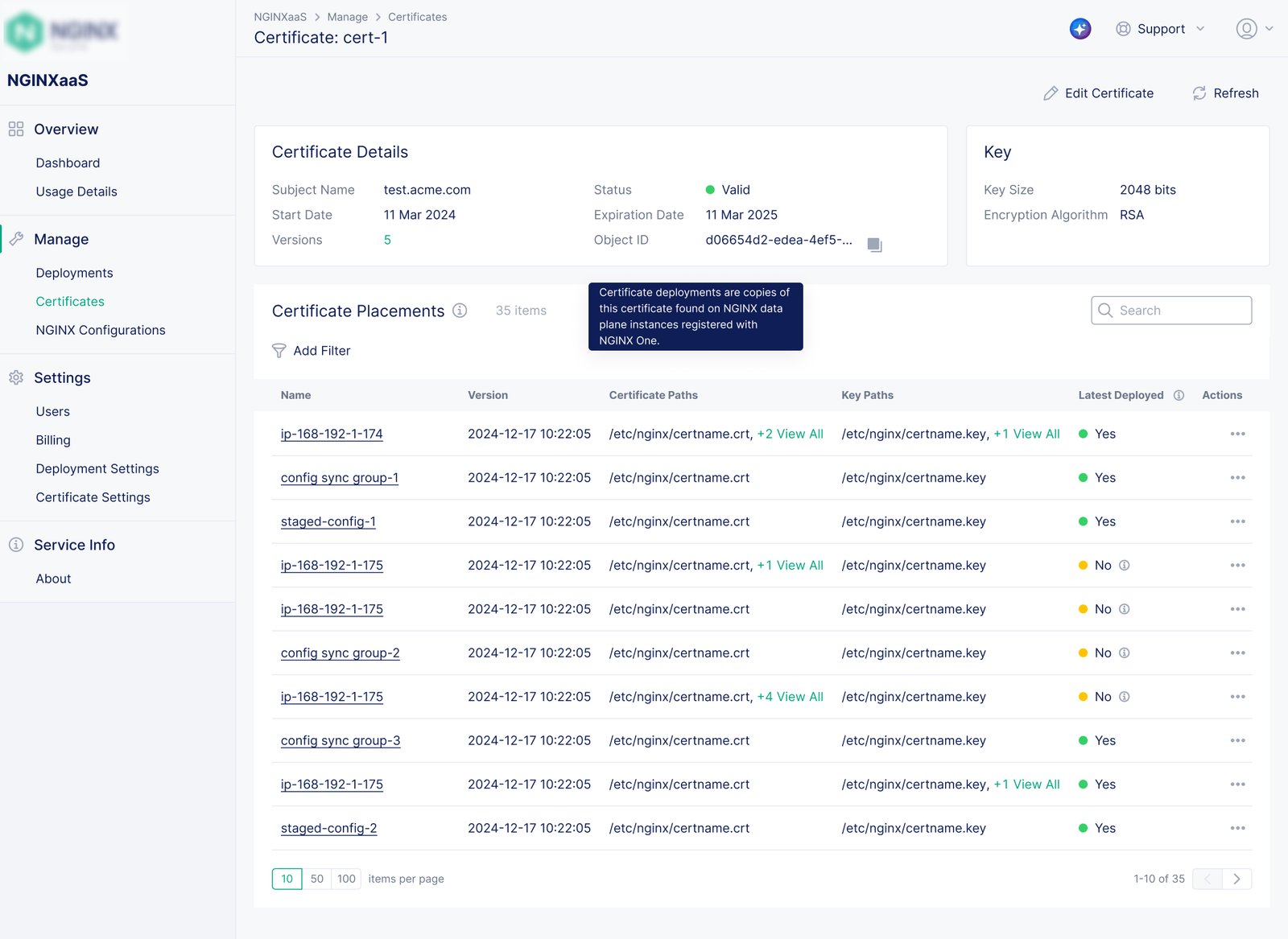 NGINXaaS for Google Cloud: NGINX Certificates — Cert versioning allows easy management.
