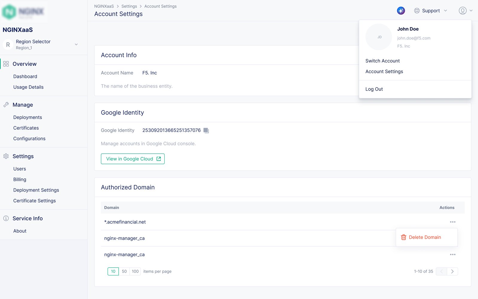 NGINXaaS for Google Cloud: Account & User Management — Account management associated with organizations. (One of two adjacent account settings images.)