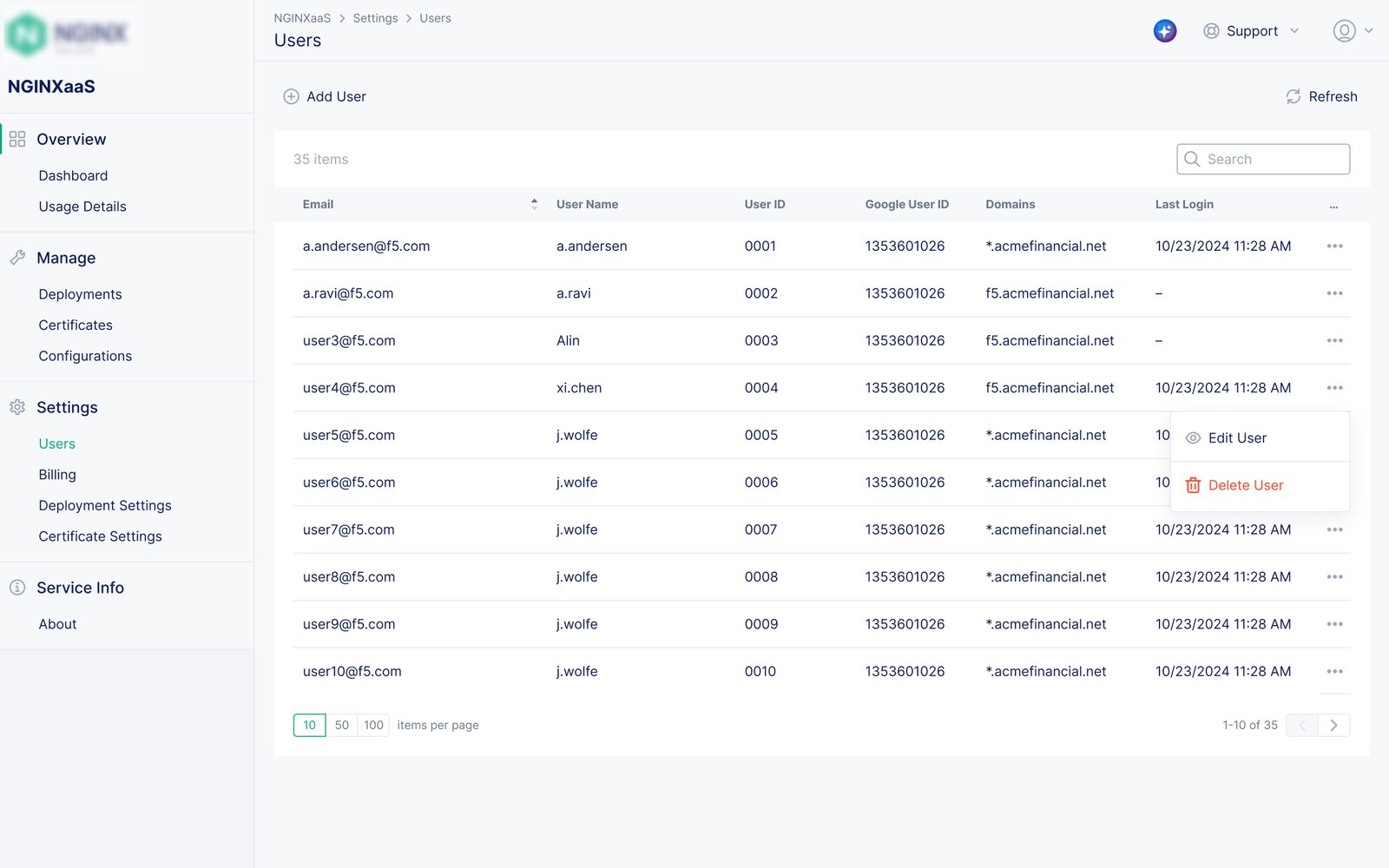 Account user management interface