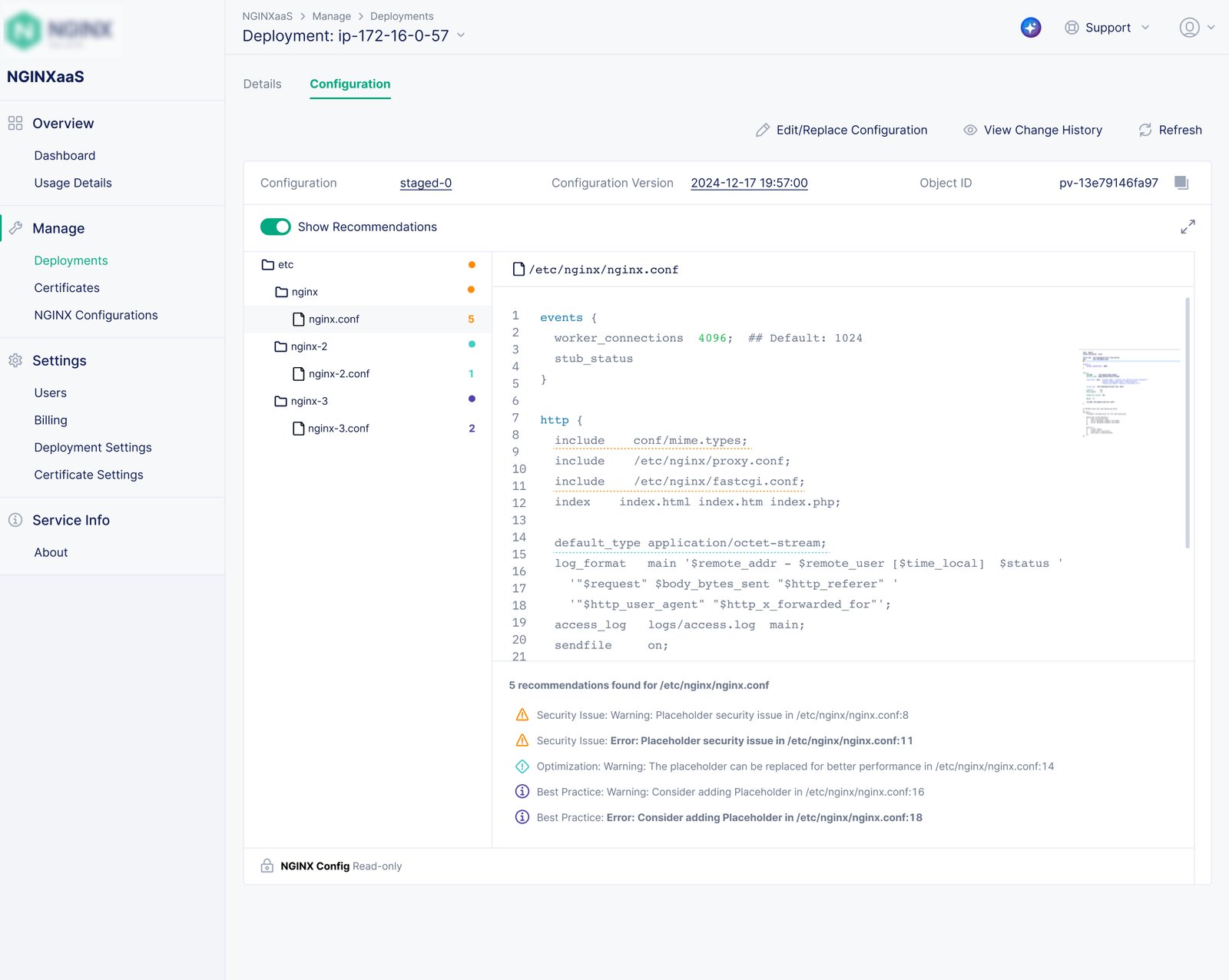 Deployment configuration view with side-by-side version comparison