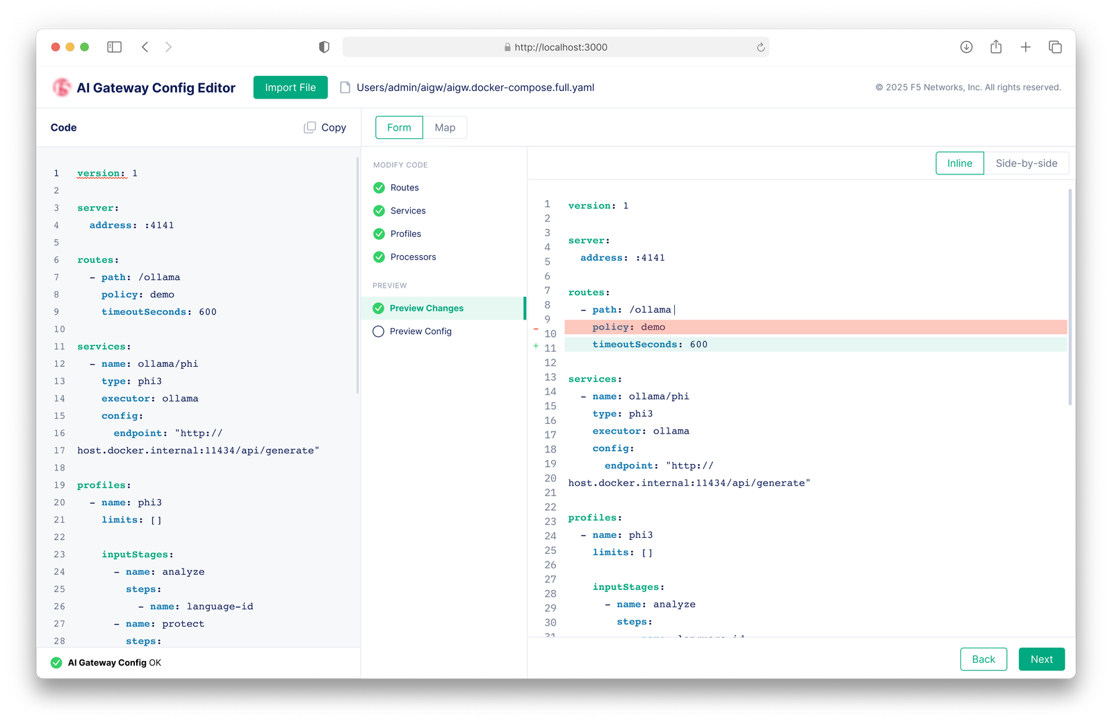 F5 AI Gateway: Inline preview of the code changes