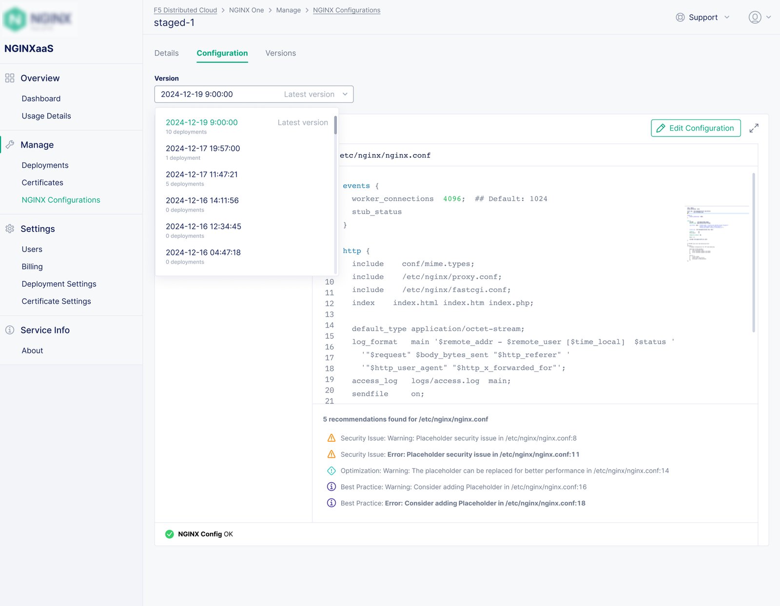 NGINXaaS for Google Cloud: Configuration – version switch; Configuration – Version history.
