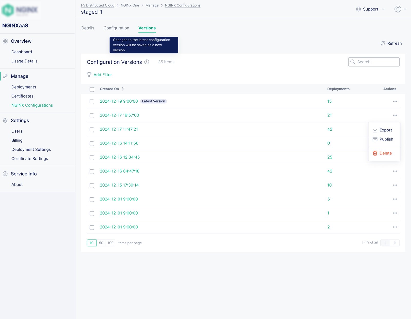 Configuration version history interface