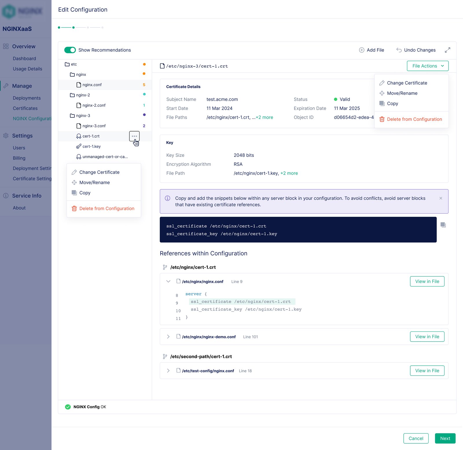 Deployment configuration interface selecting an immutable certificate version