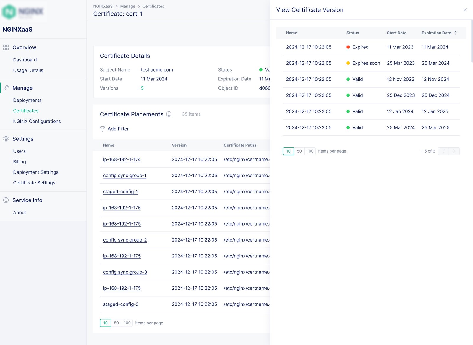 NGINXaaS for Google Cloud: Edit Deployment Configuration – Immutable cert; Certficate – Version History.
