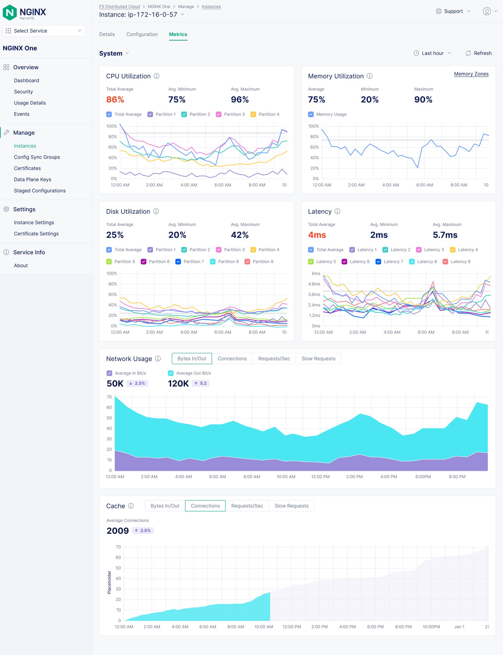 NGINX One Observability: Exploration 3 – Full Pgae Charts; most details with customizable views.